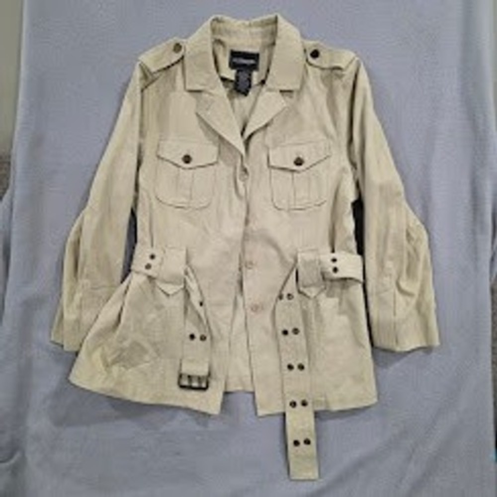 Outbrook Tan Cotton Safari Utility Jacket Womens Large Belted Khaki Field Coat